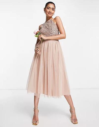 Maya  - Robe mi-longue dos nu en tulle pour demoiselle d'honneur avec sequins délicats ton sur ton - Blush doux 