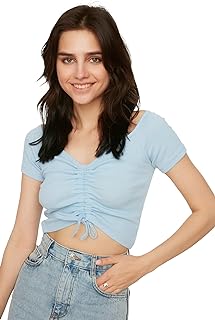 Trendyol Chemisier Tricoté Bleu Shirred Blouse Femme 