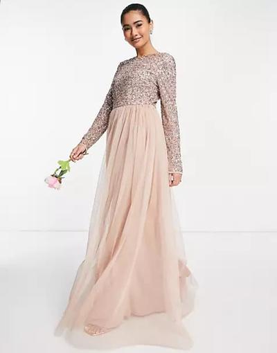 Maya  - Demoiselle d'honneur - Robe longue en tulle à manches longues avec sequins délicats ton sur ton - Blush pâle 