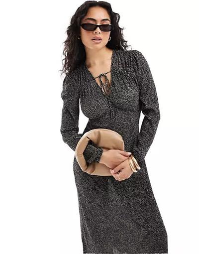 Mango  - Robe mi-longue à pois nouée sur le devant - Noir 