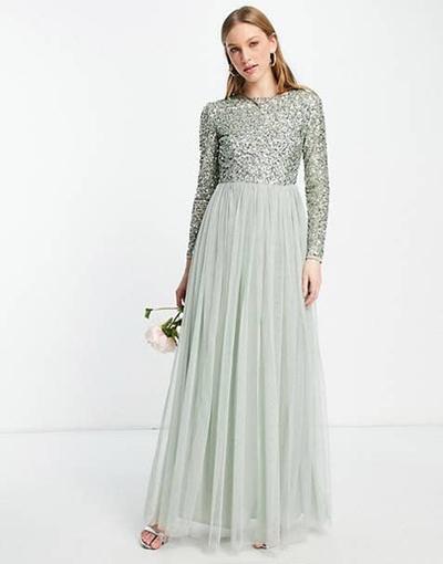 Maya  - Robe longue de demoiselle d'honneur en tulle avec manches longues et sequins délicats ton sur ton - Vert sauge 