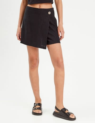 Cache_cache Jupe-short trapèze 55% de lin noir femme 