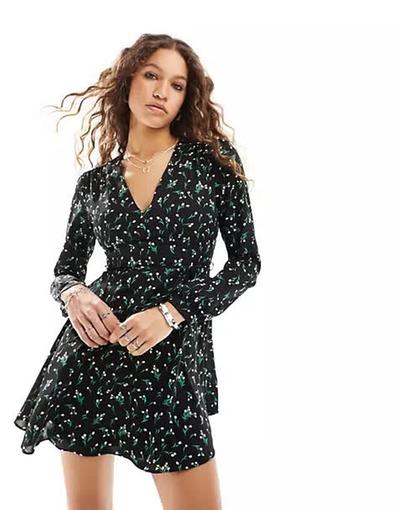 Glamorous  - Robe à décolletée en V à fleurs avec manches longues et taille nouée - Jaune et noir 