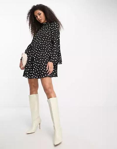 River_island  - Robe courte plissée à manches longues et motif pois - Noir 