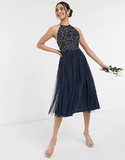 Maya  - Robe mi-longue dos nu en tulle pour demoiselle d'honneur avec sequins délicats ton sur ton - Bleu marine 