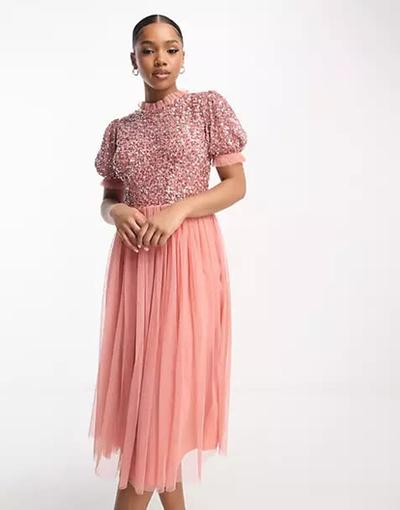 Maya  - Robe mi-longue pour demoiselle d'honneur avec manches bouffantes et sequins - Rose terracotta 