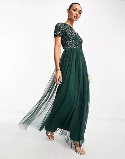 Maya  - L'invitée - Robe longue en tulle orné de sequins ton sur ton avec manches courtes - Vert émeraude 