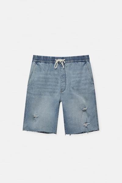 Pull_and_bear Short de jogging denim déchiré 