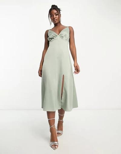 Maya  - L'invitée - Robe mi-longue fendue en satin - Vert sauge 