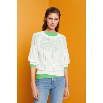 Esprit Pull col rond, manches 3/4, maille pointelle 