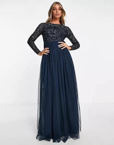 Maya  - Robe longue de demoiselle d'honneur en tulle à manches longues avec sequins délicats ton sur ton - Bleu marine 