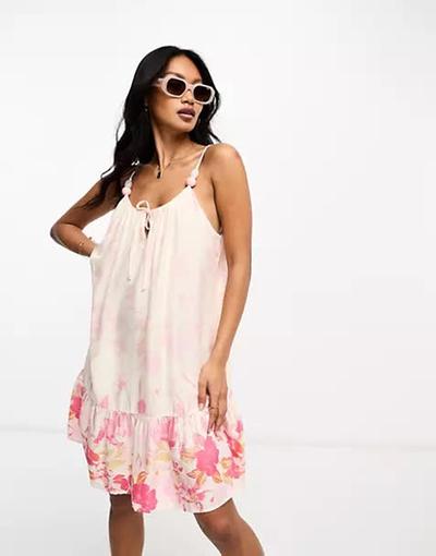 River_island  - Robe nuisette courte nouée à l'encolure - Crème fleuri 