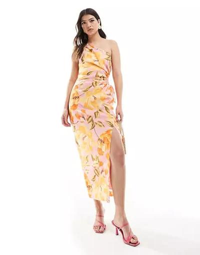 Forever_new  - Robe mi-longue asymétrique avec imprimé fleuri et découpe à la taille - Jaune 